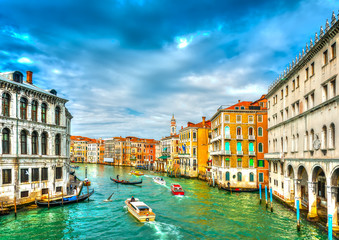 Gondolas in Main Canal of Venice Italy. HDR processed