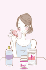 美容サプリメントセットと女性