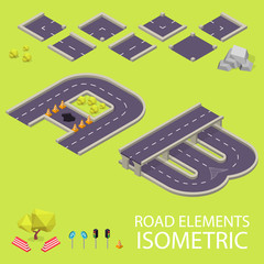 Road elements isometric. Road font. Letters A and B