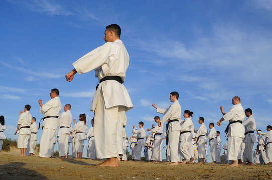Karate training on the beach