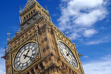 The Big Ben close up on a blue sky, England United Kingdom