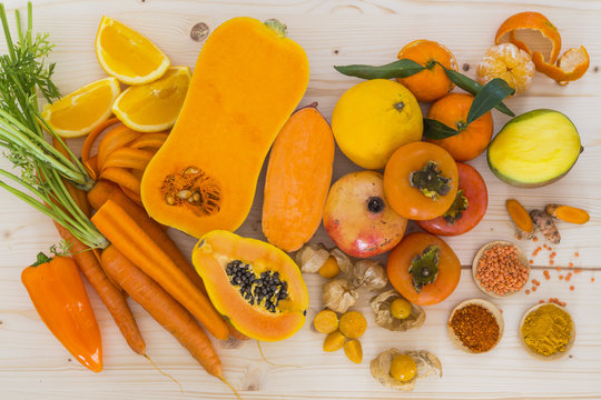 Orange vegetables and fruit