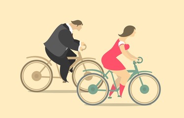 Young happy man and woman riding bicycle