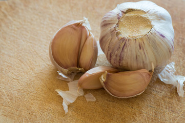 Whole garlic head and segments of garlic
