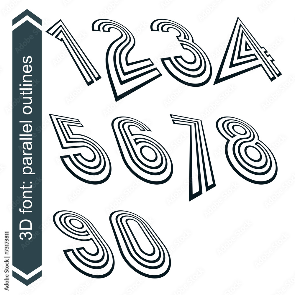 Poster outlined rotated vector numeration, monochrome lined numbers set