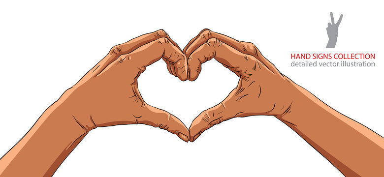 Hands in heart form, African ethnicity, detailed vector illustra