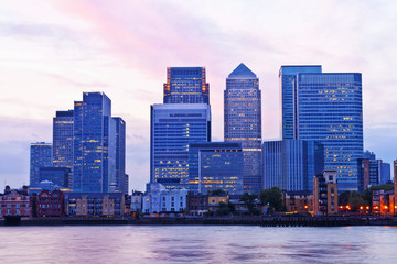 London financial district cityscape at dusk