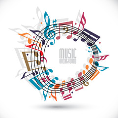 Colorful music background with clef and notes, music sheet in ro