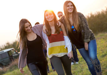 Portrait of group of friends having fun in field.