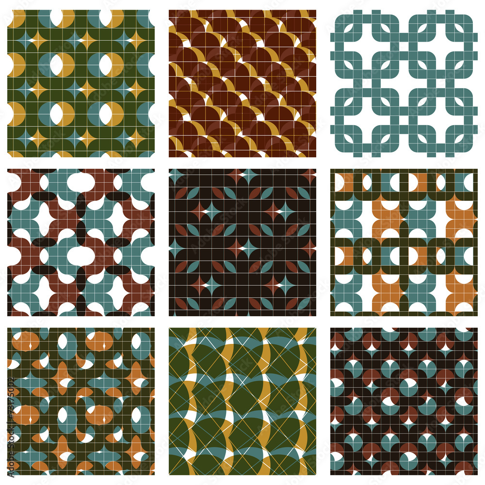 Poster set of multicolored grate seamless patterns with parallel ribbon