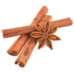 cinnamon stick and star anise spice isolated on white background