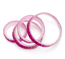 Sliced red onion rings isolated on white background cutout