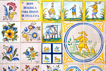 Decorative tiles on Madrid street. National decorative art with 