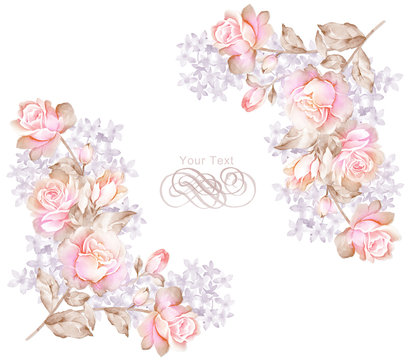 watercolor floral illustration collection. flowers arranged un a shape of the wreath perfect