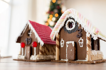 closeup of beautiful gingerbread houses at home