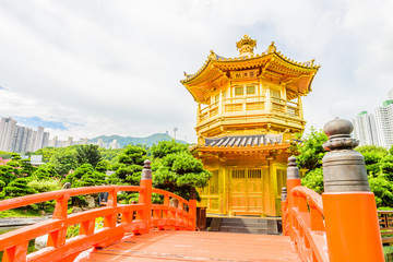 Gold Chinese pavilion at the park of Hong Kong