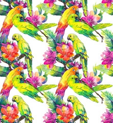yellow parrots and exotic flowers