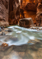 Rock and river flow in The Narrows, Zion National park, Utah