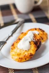 cottage cheese pancakes with sour cream and coffee, breakfast