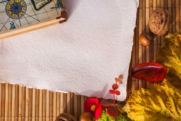 Place mat texture background with blank paper and autumn leaves