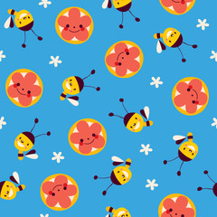 honey bees and flowers seamless pattern