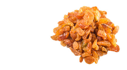 Dried orange colored raisin over white background