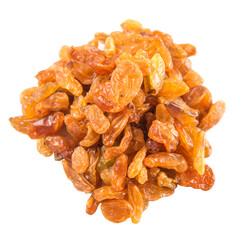 Dried orange colored raisin over white background