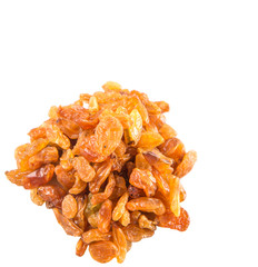 Dried orange colored raisin over white background