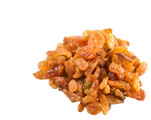 Dried orange colored raisin over white background
