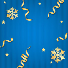 Fototapeta na wymiar Christmas illustration with gold snowflakes and ribbons
