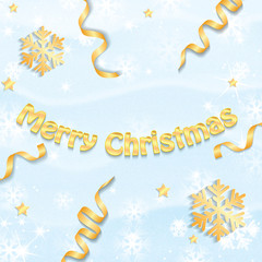 Christmas snow background with golden serpentines and snowflakes