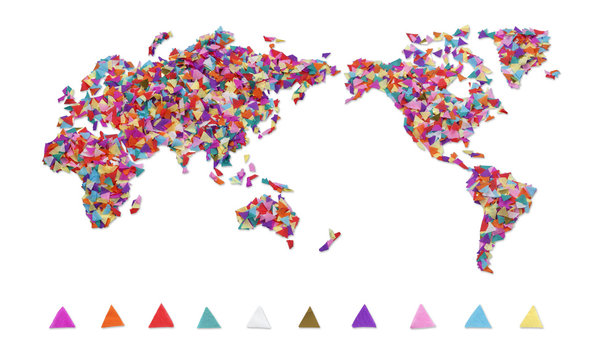 World map made of confetti / with clipping path