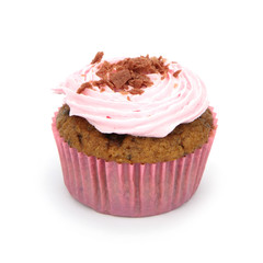 Pink cupcake isolated on white background.