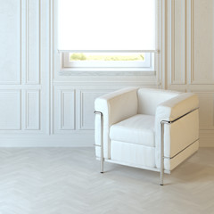 White modern armchair in emty interior with parquet