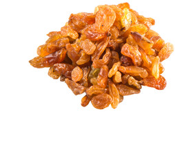 Dried orange colored raisin over white background