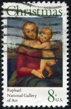 Stamp printed in USA shows the Small Cowper Madonna, by Raphael
