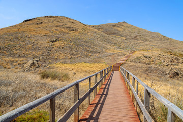 Fototapeta na wymiar Wooden footbridge on trekking trail, Madeira island, Portugal