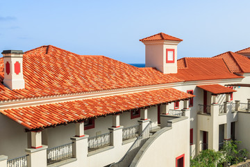 Orange tiles on roof on holiday apartments on Madeira island