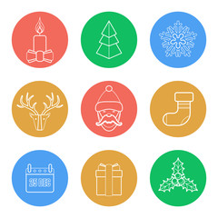 vector christmas round color back outline icons set