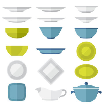 various vector color flat style plates and dishes set