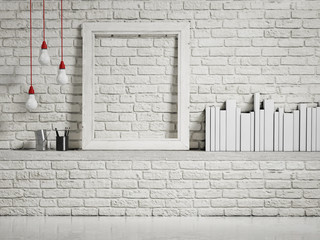 mock up white frame on white brick wall