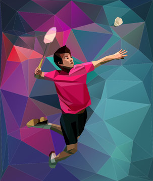 Abstrackt badminton player during smash on triangle background