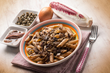 macaroni with red chicory anchovy and capers