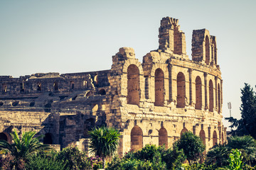 Fototapeta premium El Jem Coliseum ruins in Tunisia fighting gladiator