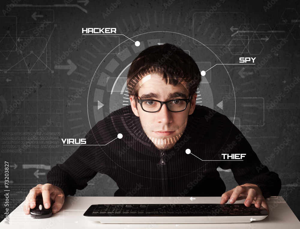Poster young hacker in futuristic enviroment hacking personal informati