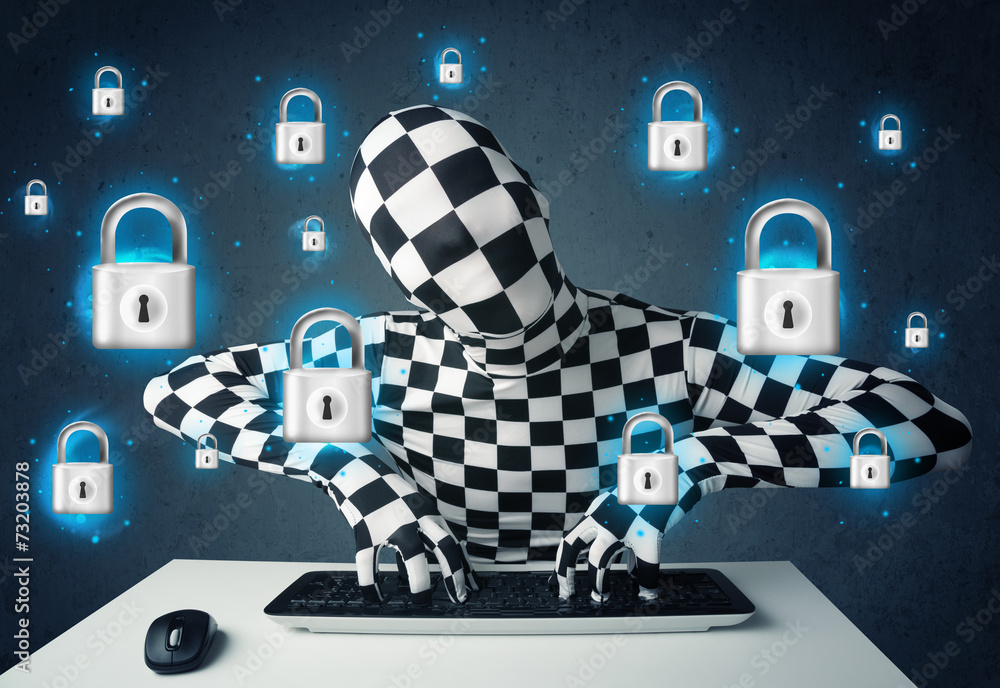 Poster hacker in disguise with virtual lock symbols and icons
