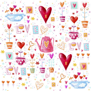 Love background made of red hearts, flowers.