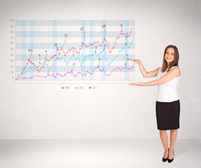 Young business woman presenting stock market diagram