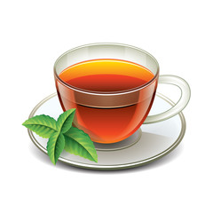 Black tea cup with mint leaves isolated