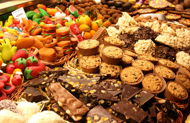 bakery storefront: arranged chocolate and marzipan pastry